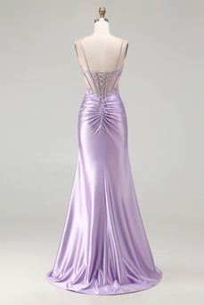Sparkly Floral Sequin Light Purple Long Corset Prom Dress with Slit