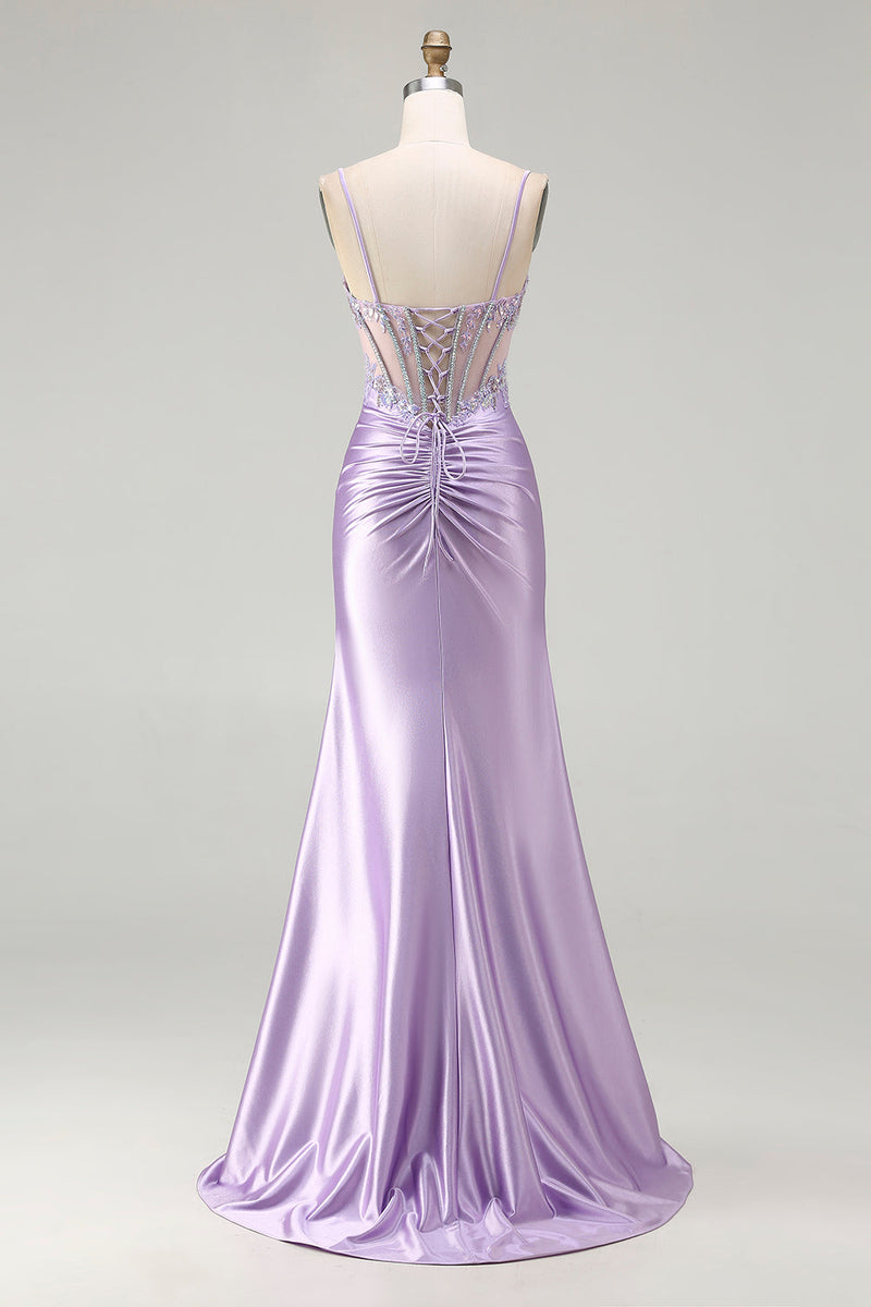 Load image into Gallery viewer, Sparkly Floral Sequin Light Purple Long Corset Prom Dress with Slit