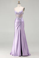 Load image into Gallery viewer, Sparkly Floral Sequin Light Purple Long Corset Prom Dress with Slit
