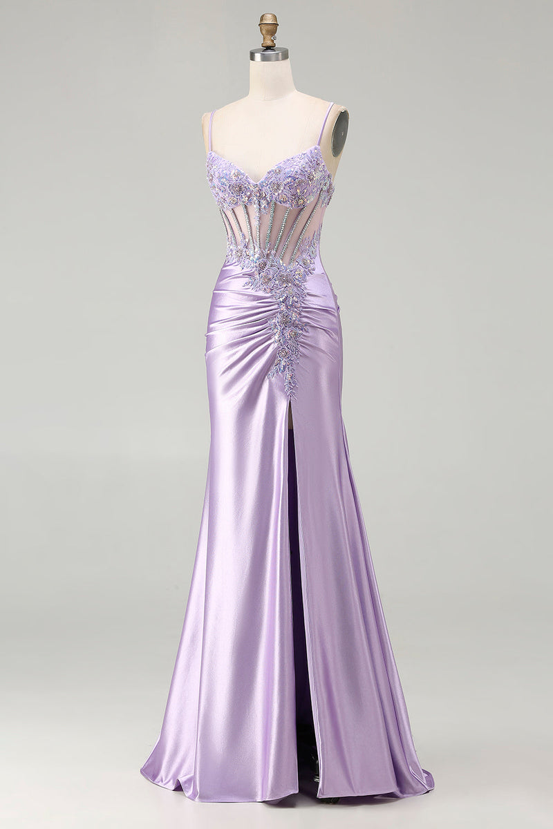 Load image into Gallery viewer, Sparkly Floral Sequin Light Purple Long Corset Prom Dress with Slit