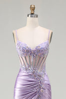 Load image into Gallery viewer, Sparkly Floral Sequin Light Purple Long Corset Prom Dress with Slit