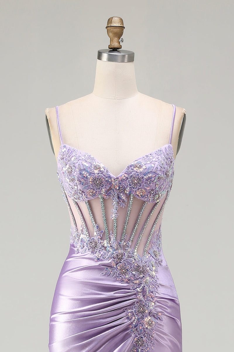 Load image into Gallery viewer, Sparkly Floral Sequin Light Purple Long Corset Prom Dress with Slit