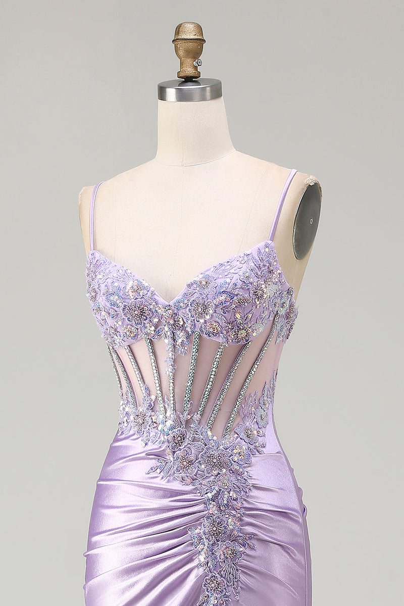 Load image into Gallery viewer, Sparkly Floral Sequin Light Purple Long Corset Prom Dress with Slit