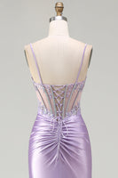 Load image into Gallery viewer, Sparkly Floral Sequin Light Purple Long Corset Prom Dress with Slit