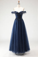 Load image into Gallery viewer, Sparkly Navy Tulle A-Line Long Corset Prom Dress with Beading