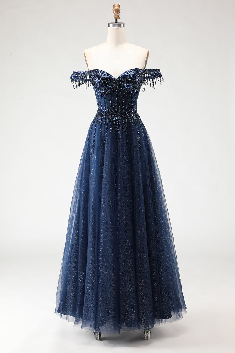 Load image into Gallery viewer, Sparkly Navy Tulle A-Line Long Corset Prom Dress with Beading