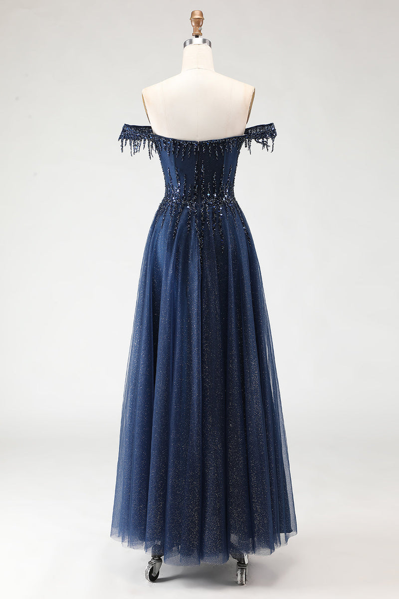 Load image into Gallery viewer, Sparkly Navy Tulle A-Line Long Corset Prom Dress with Beading