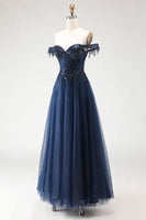 Load image into Gallery viewer, Sparkly Navy Tulle A-Line Long Corset Prom Dress with Beading