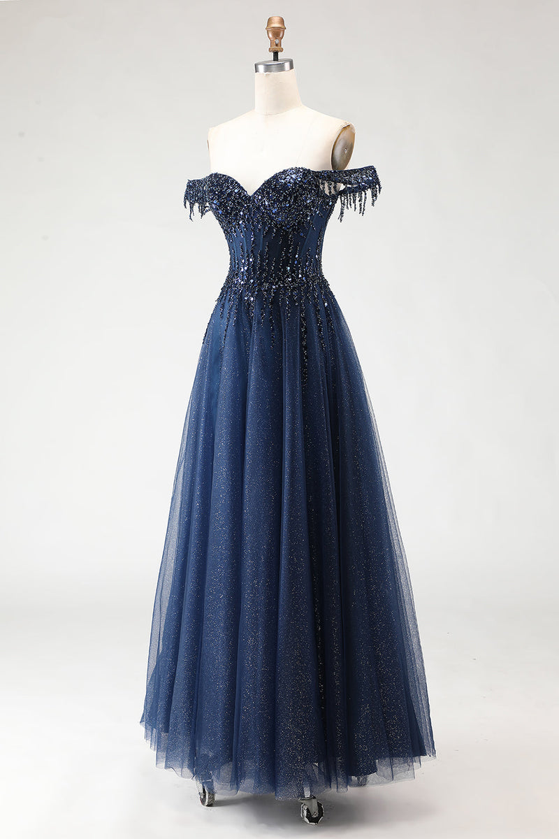 Load image into Gallery viewer, Sparkly Navy Tulle A-Line Long Corset Prom Dress with Beading