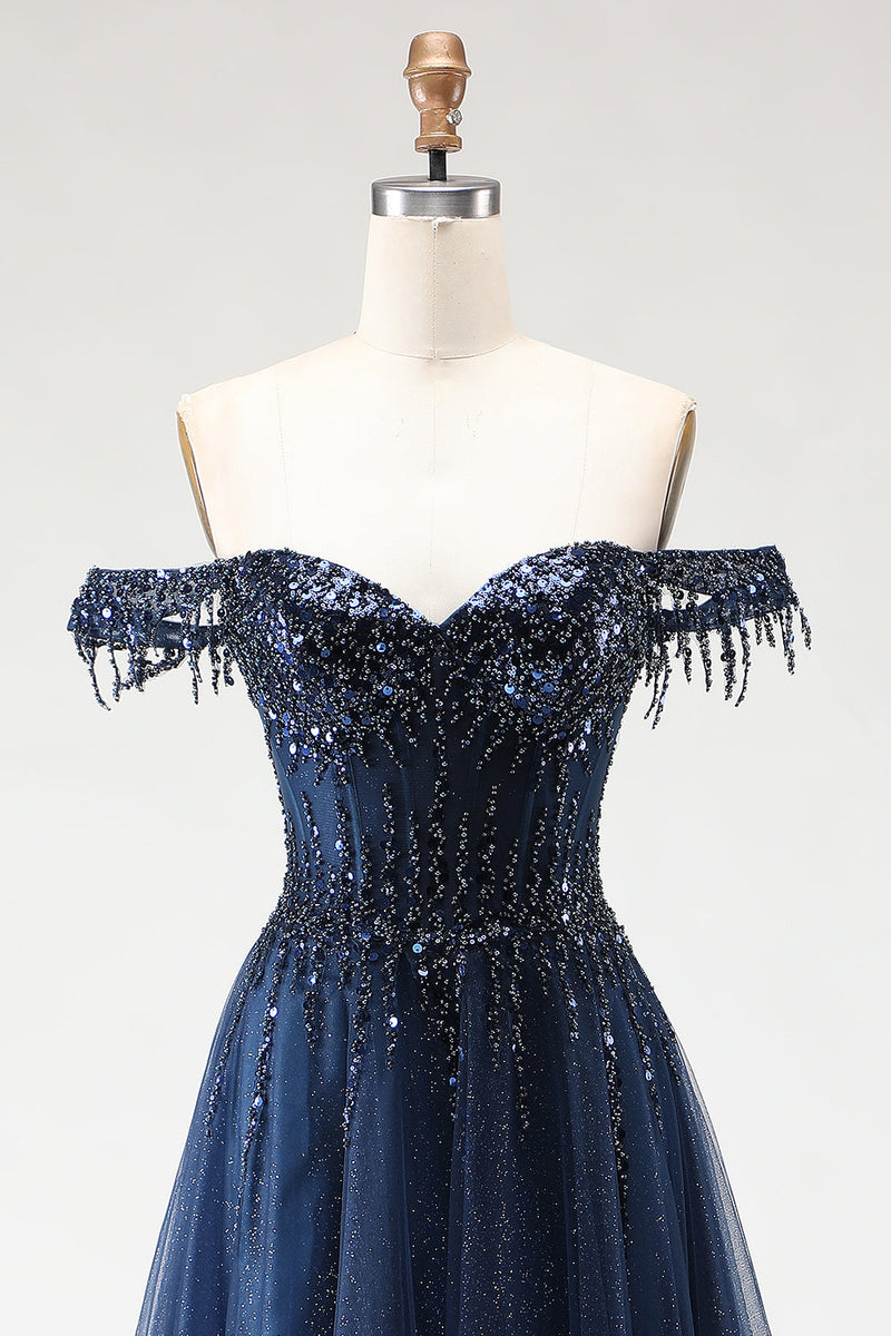 Load image into Gallery viewer, Sparkly Navy Tulle A-Line Long Corset Prom Dress with Beading