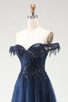 Load image into Gallery viewer, Sparkly Navy Tulle A-Line Long Corset Prom Dress with Beading