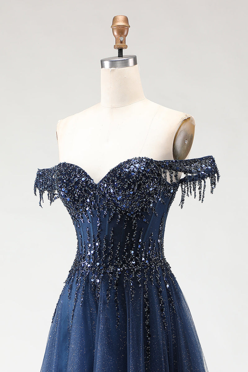 Load image into Gallery viewer, Sparkly Navy Tulle A-Line Long Corset Prom Dress with Beading