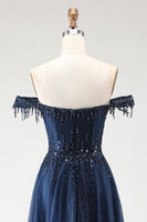 Load image into Gallery viewer, Sparkly Navy Tulle A-Line Long Corset Prom Dress with Beading