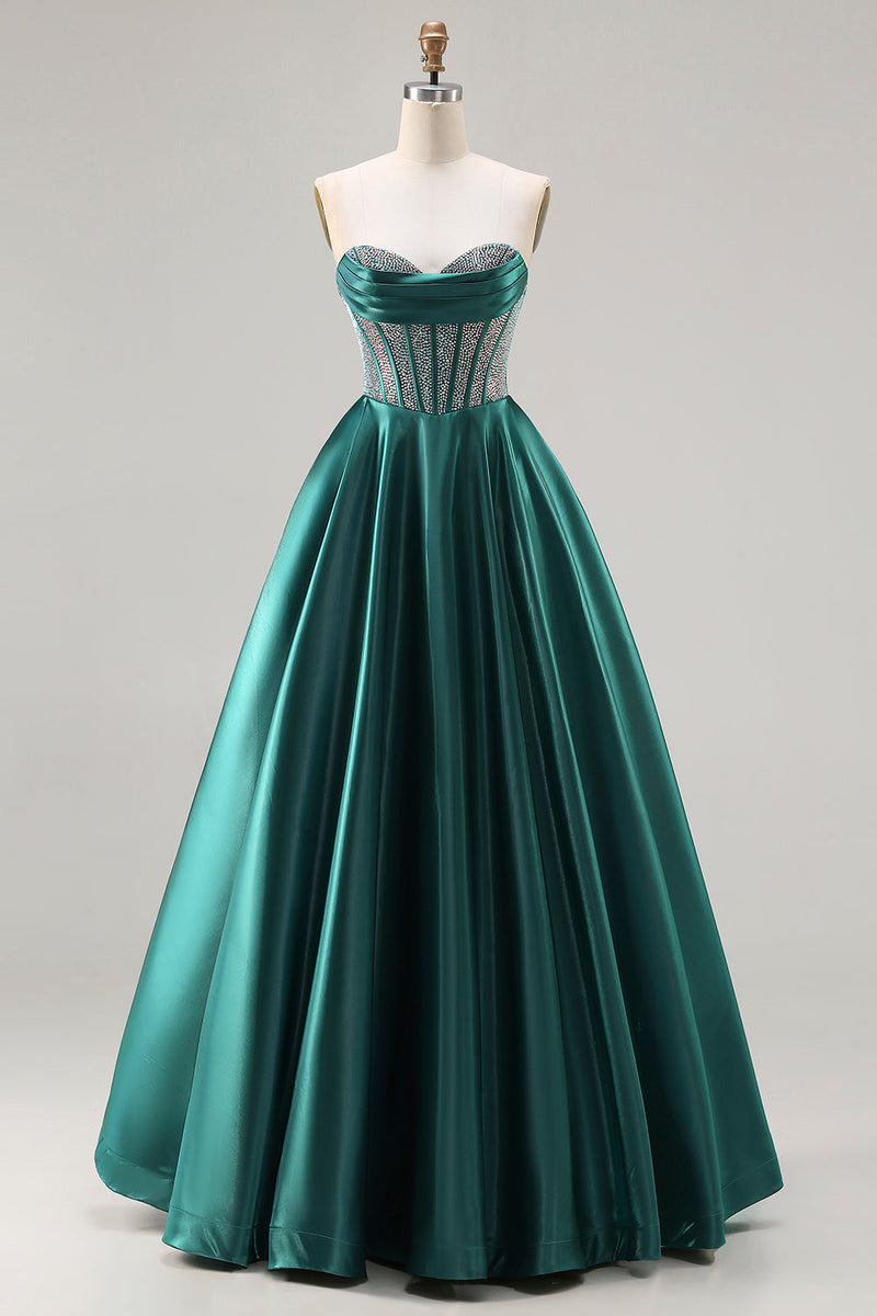Load image into Gallery viewer, Sparkly Dark Green Sweetheart Satin Long Corset Prom Dress with Beading