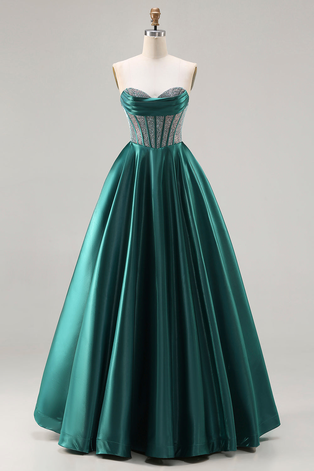 Sparkly Dark Green Sweetheart Satin Long Corset Prom Dress with Beading