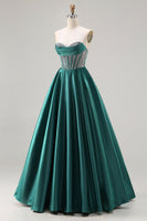Load image into Gallery viewer, Sparkly Dark Green Sweetheart Satin Long Corset Prom Dress with Beading
