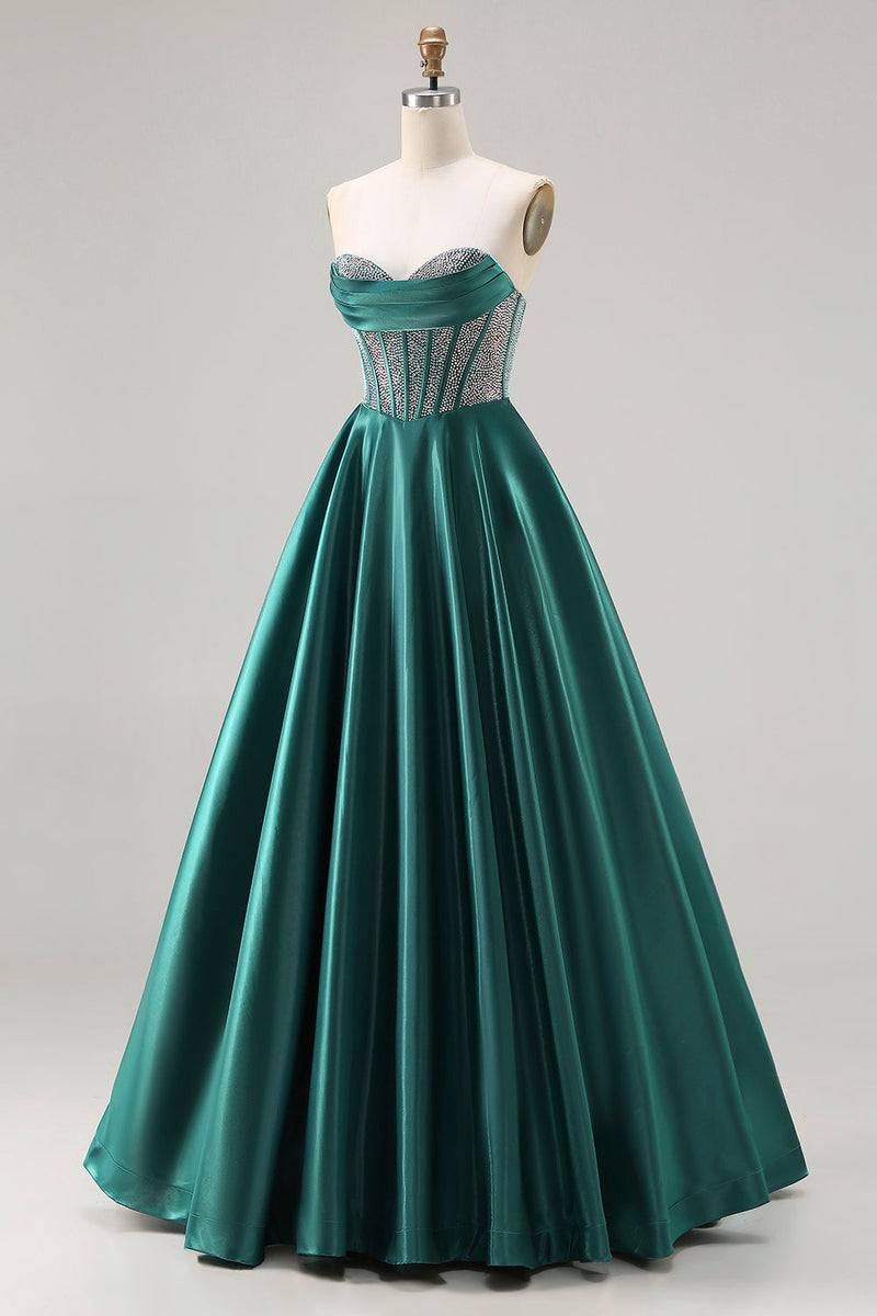 Load image into Gallery viewer, Sparkly Dark Green Sweetheart Satin Long Corset Prom Dress with Beading