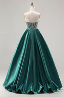 Load image into Gallery viewer, Sparkly Dark Green Sweetheart Satin Long Corset Prom Dress with Beading