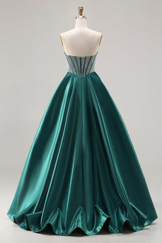 Sparkly Dark Green Sweetheart Satin Long Corset Prom Dress with Beading