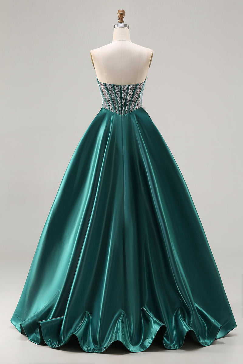 Load image into Gallery viewer, Sparkly Dark Green Sweetheart Satin Long Corset Prom Dress with Beading