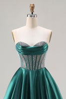 Load image into Gallery viewer, Sparkly Dark Green Sweetheart Satin Long Corset Prom Dress with Beading