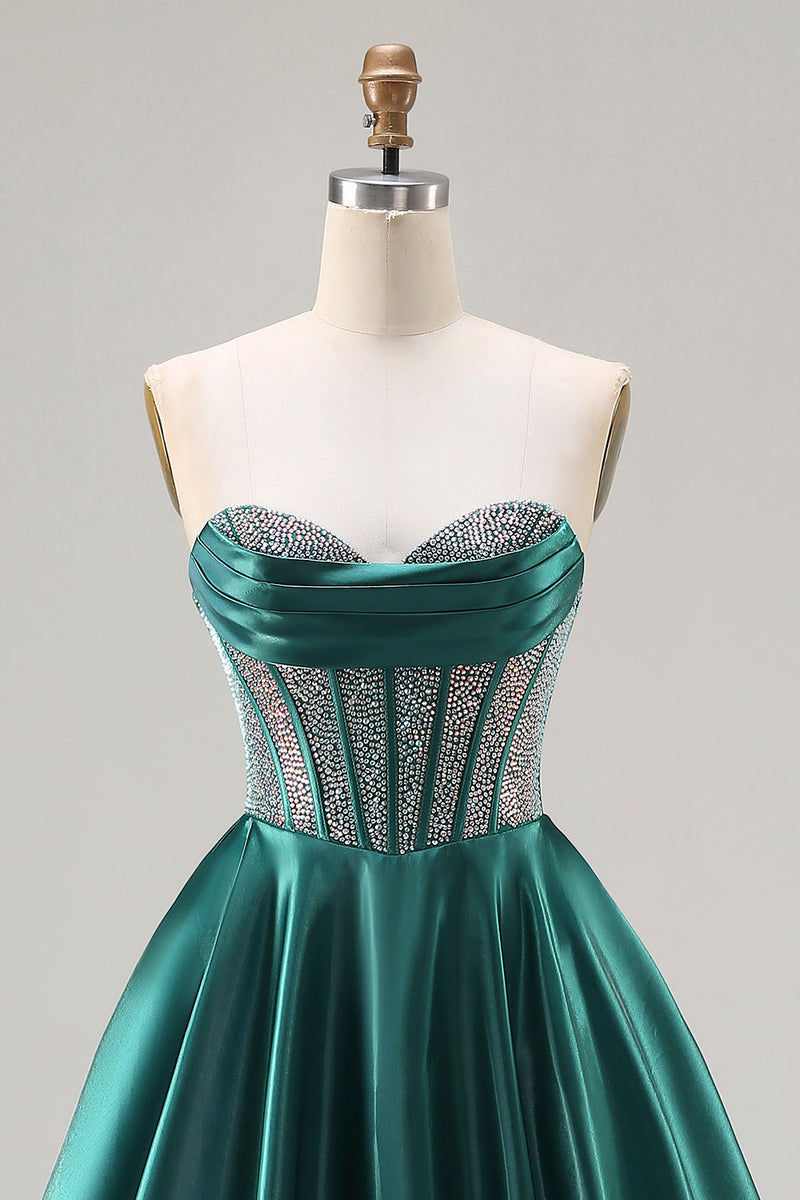 Load image into Gallery viewer, Sparkly Dark Green Sweetheart Satin Long Corset Prom Dress with Beading