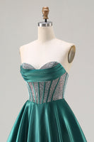 Load image into Gallery viewer, Sparkly Dark Green Sweetheart Satin Long Corset Prom Dress with Beading