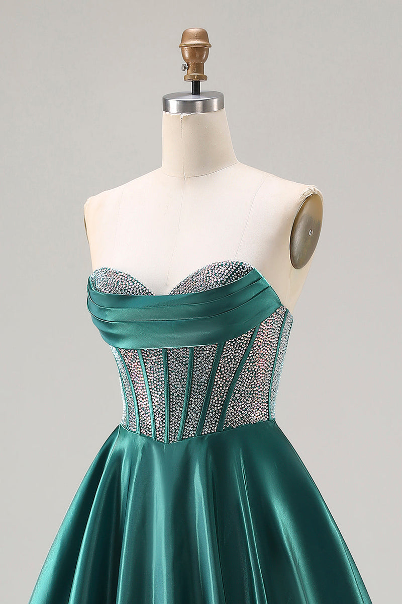 Load image into Gallery viewer, Sparkly Dark Green Sweetheart Satin Long Corset Prom Dress with Beading