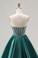 Load image into Gallery viewer, Sparkly Dark Green Sweetheart Satin Long Corset Prom Dress with Beading