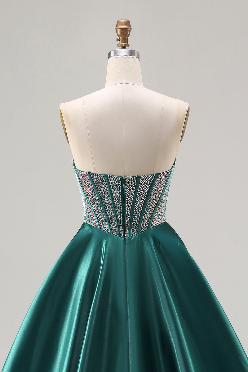 Load image into Gallery viewer, Sparkly Dark Green Sweetheart Satin Long Corset Prom Dress with Beading