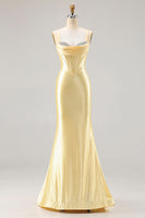 Load image into Gallery viewer, Sparkly Light Yellow Satin Beaded Mermaid Long Corset Prom Dress