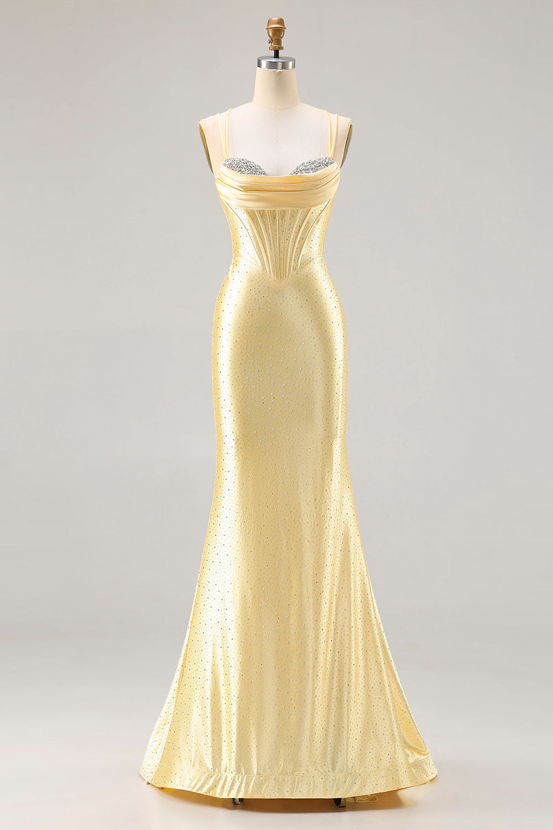 Load image into Gallery viewer, Sparkly Light Yellow Satin Beaded Mermaid Long Corset Prom Dress