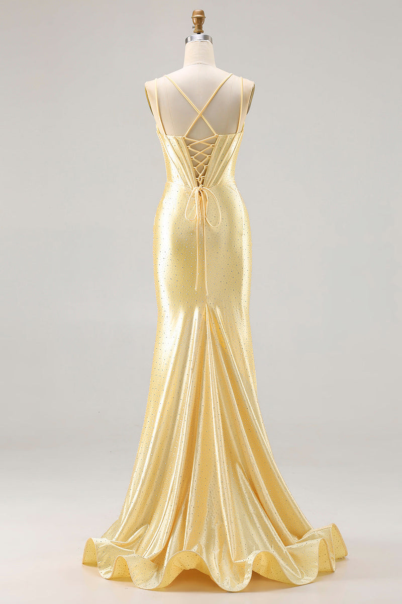 Load image into Gallery viewer, Sparkly Light Yellow Satin Beaded Mermaid Long Corset Prom Dress