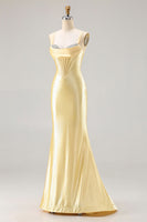 Load image into Gallery viewer, Sparkly Light Yellow Satin Beaded Mermaid Long Corset Prom Dress