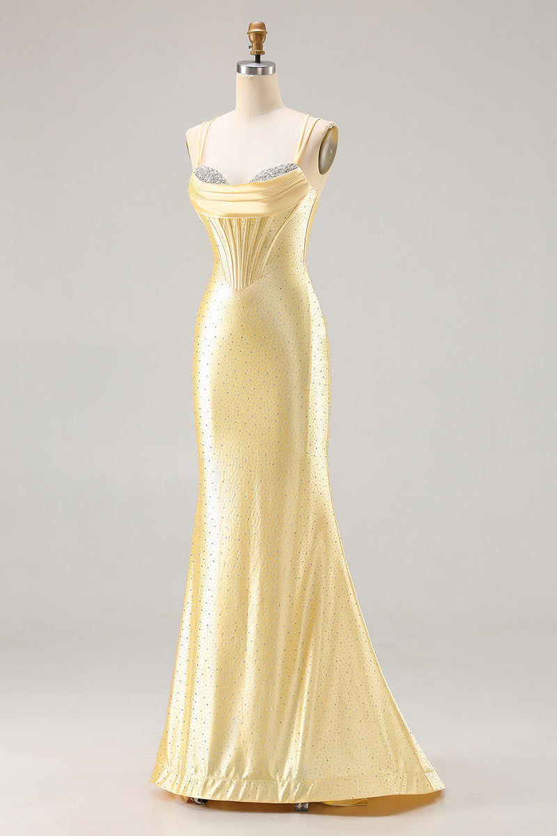 Load image into Gallery viewer, Sparkly Light Yellow Satin Beaded Mermaid Long Corset Prom Dress