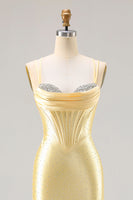Load image into Gallery viewer, Sparkly Light Yellow Satin Beaded Mermaid Long Corset Prom Dress
