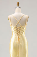 Load image into Gallery viewer, Sparkly Light Yellow Satin Beaded Mermaid Long Corset Prom Dress