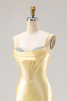 Load image into Gallery viewer, Sparkly Light Yellow Satin Beaded Mermaid Long Corset Prom Dress