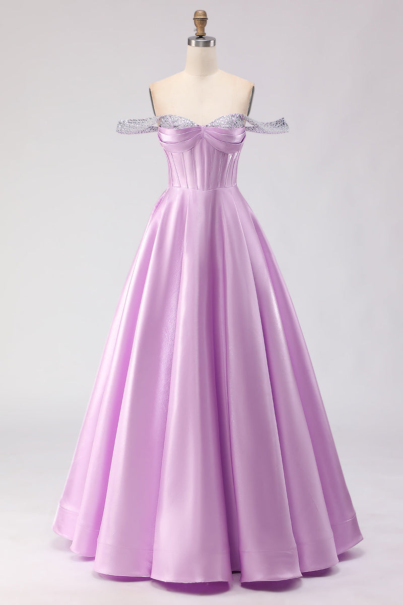Load image into Gallery viewer, Sparkly Light Purple Off the Shoulder A Line Long Corset Prom Dress with Beading