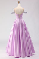 Load image into Gallery viewer, Sparkly Light Purple Off the Shoulder A Line Long Corset Prom Dress with Beading