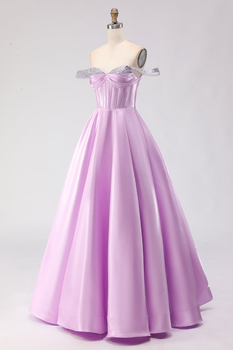 Load image into Gallery viewer, Sparkly Light Purple Off the Shoulder A Line Long Corset Prom Dress with Beading