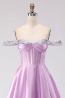 Load image into Gallery viewer, Sparkly Light Purple Off the Shoulder A Line Long Corset Prom Dress with Beading