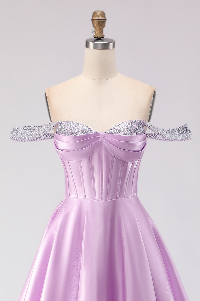 Load image into Gallery viewer, Sparkly Light Purple Off the Shoulder A Line Long Corset Prom Dress with Beading