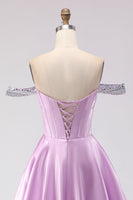Load image into Gallery viewer, Sparkly Light Purple Off the Shoulder A Line Long Corset Prom Dress with Beading