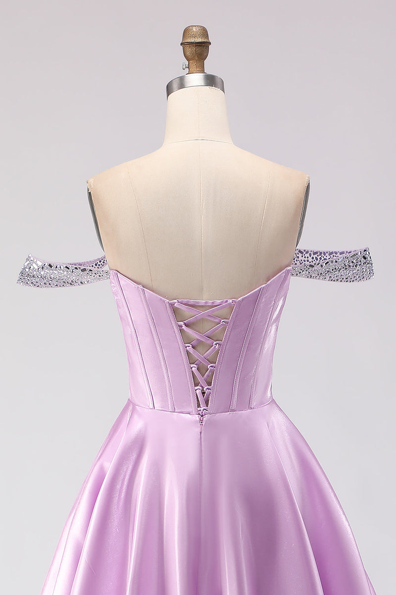 Load image into Gallery viewer, Sparkly Light Purple Off the Shoulder A Line Long Corset Prom Dress with Beading