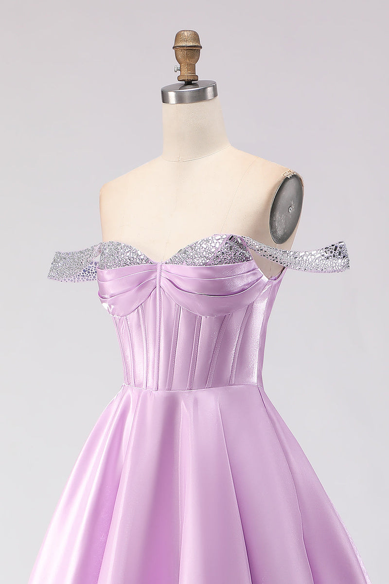 Load image into Gallery viewer, Sparkly Light Purple Off the Shoulder A Line Long Corset Prom Dress with Beading