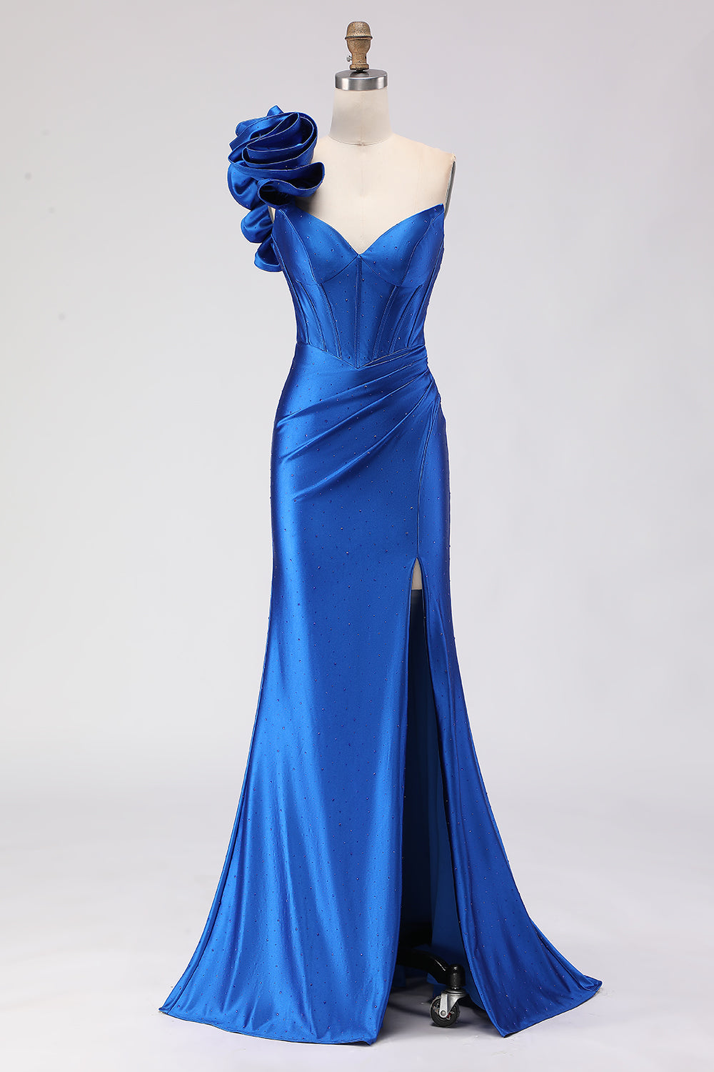Royal Blue Satin Beaded Mermaid Long Corset Prom Dress with Slit