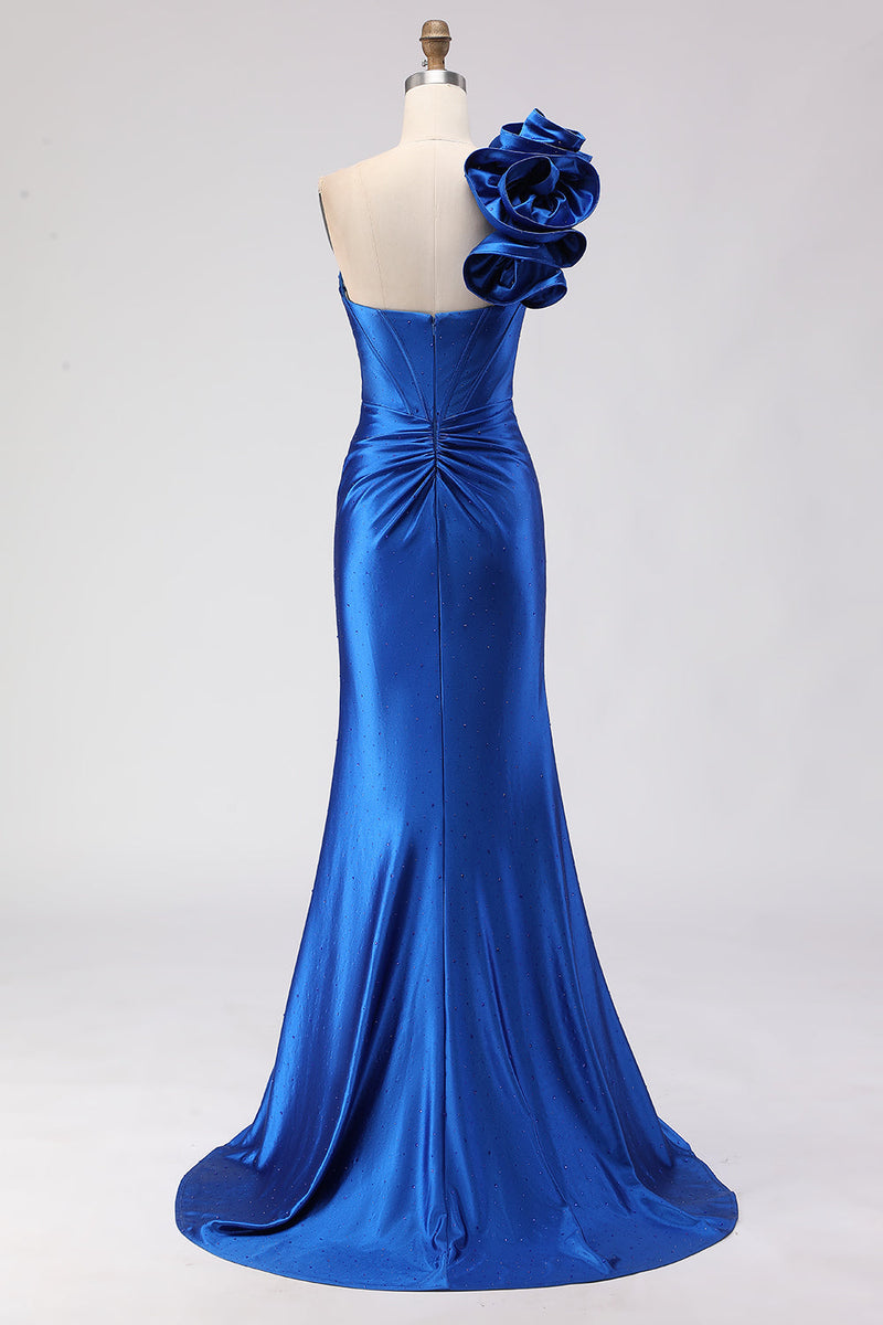 Load image into Gallery viewer, Royal Blue Satin Beaded Mermaid Long Corset Prom Dress with Slit