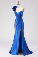 Load image into Gallery viewer, Royal Blue Satin Beaded Mermaid Long Corset Prom Dress with Slit