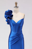 Load image into Gallery viewer, Royal Blue Satin Beaded Mermaid Long Corset Prom Dress with Slit